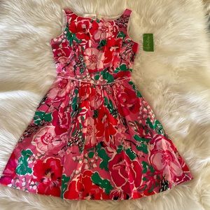 Lilly Pulitzer Pink Floral Fit-and-Flare Mini Dress with Green Accents